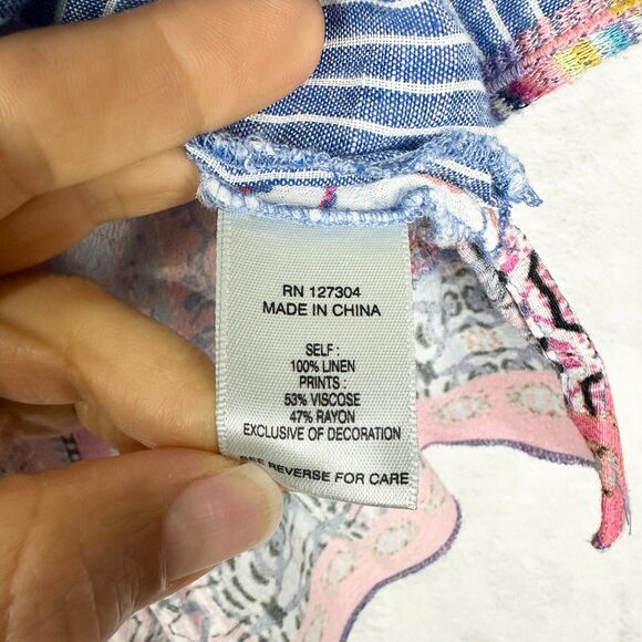 John Mark Linen Embroidered Top Size Large Boho Stripe Split V-Neck - Picture 7 of 7